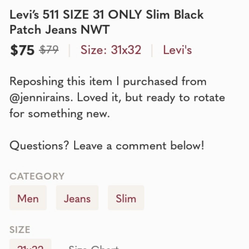Levi's jeans slim black 31x32